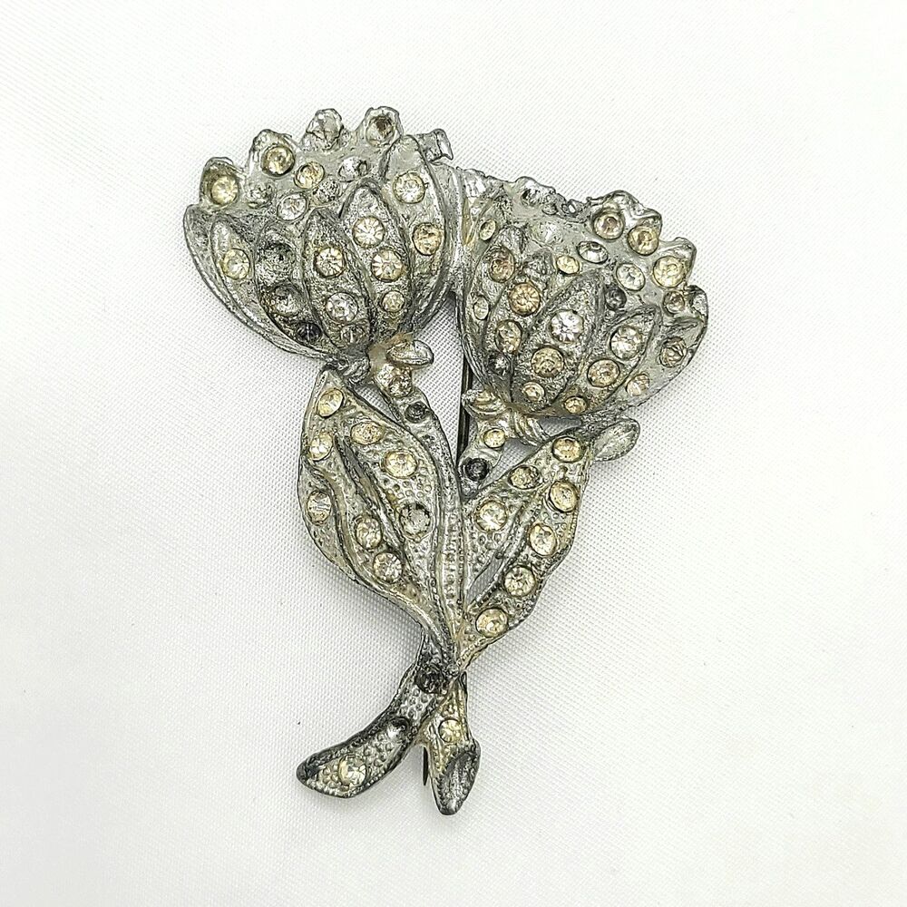 Vintage Pot Metal Brooch Rhinestone Flower Pin Art Deco Jewelry Silver Tone READ
